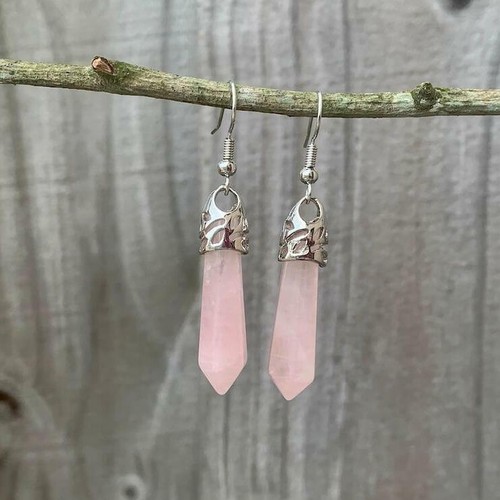Pendientes hechos a mano de piedra de cristal de cuarzo rosa - Imagen 6 de 6