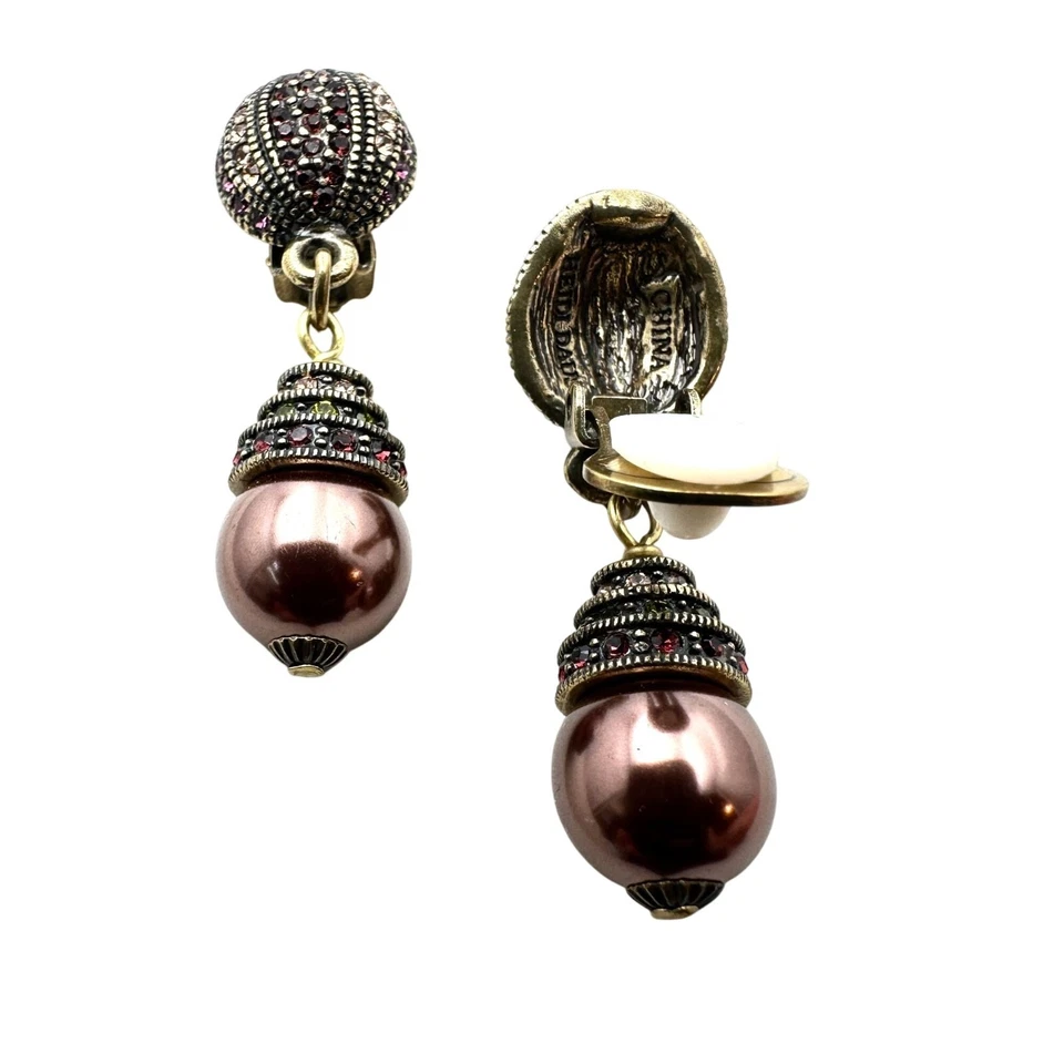 Heidi Daus Purple Crystal Pearl Bronze Clip Earrings Chandelier 2 Inch - Image 3 of 3
