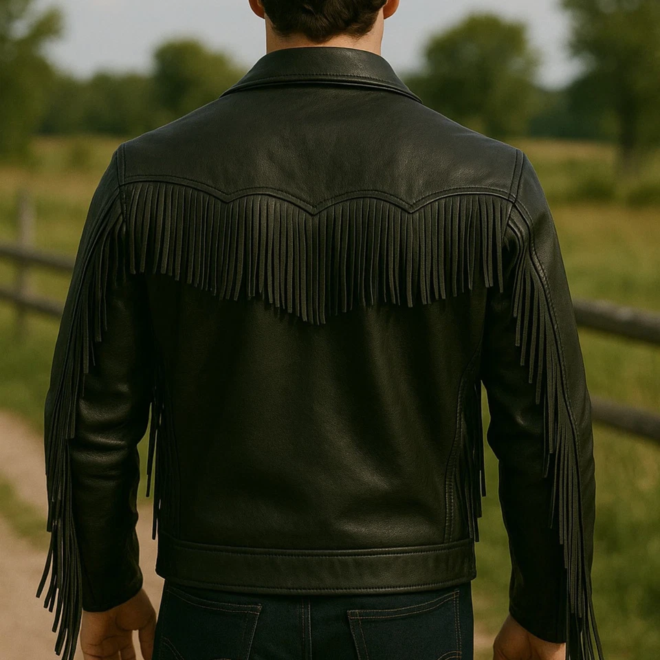 Chaqueta de cuero con flecos negros para hombre vaquero occidental cuero de vaca real rodeo motociclista cremallera Foto 2 de 4