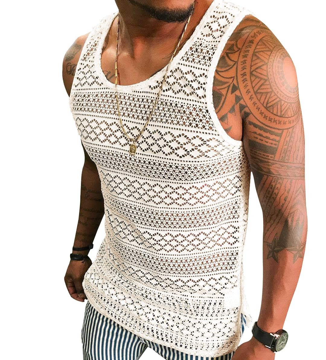 Mens See Through Vest Crewneck Sleeveless Tank Tops Muscle Sexy Mesh Shirts