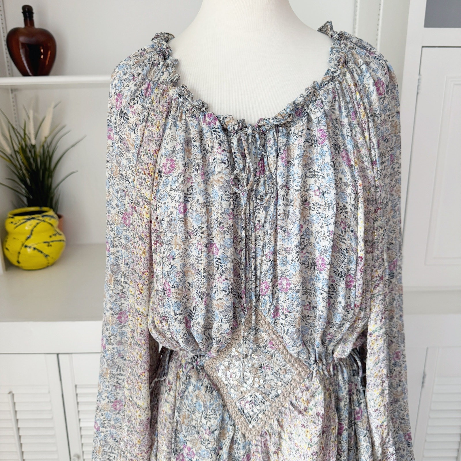 Zara ZW Collection Metallic Thread Floral Patchwork Maxi Dress Size S image 2