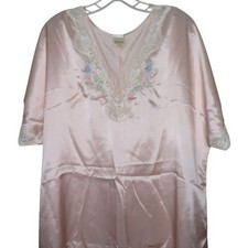 Vintage Delicates Pink Satin Nightgown Lace Trim Floral Embroidery Womens 1X 100