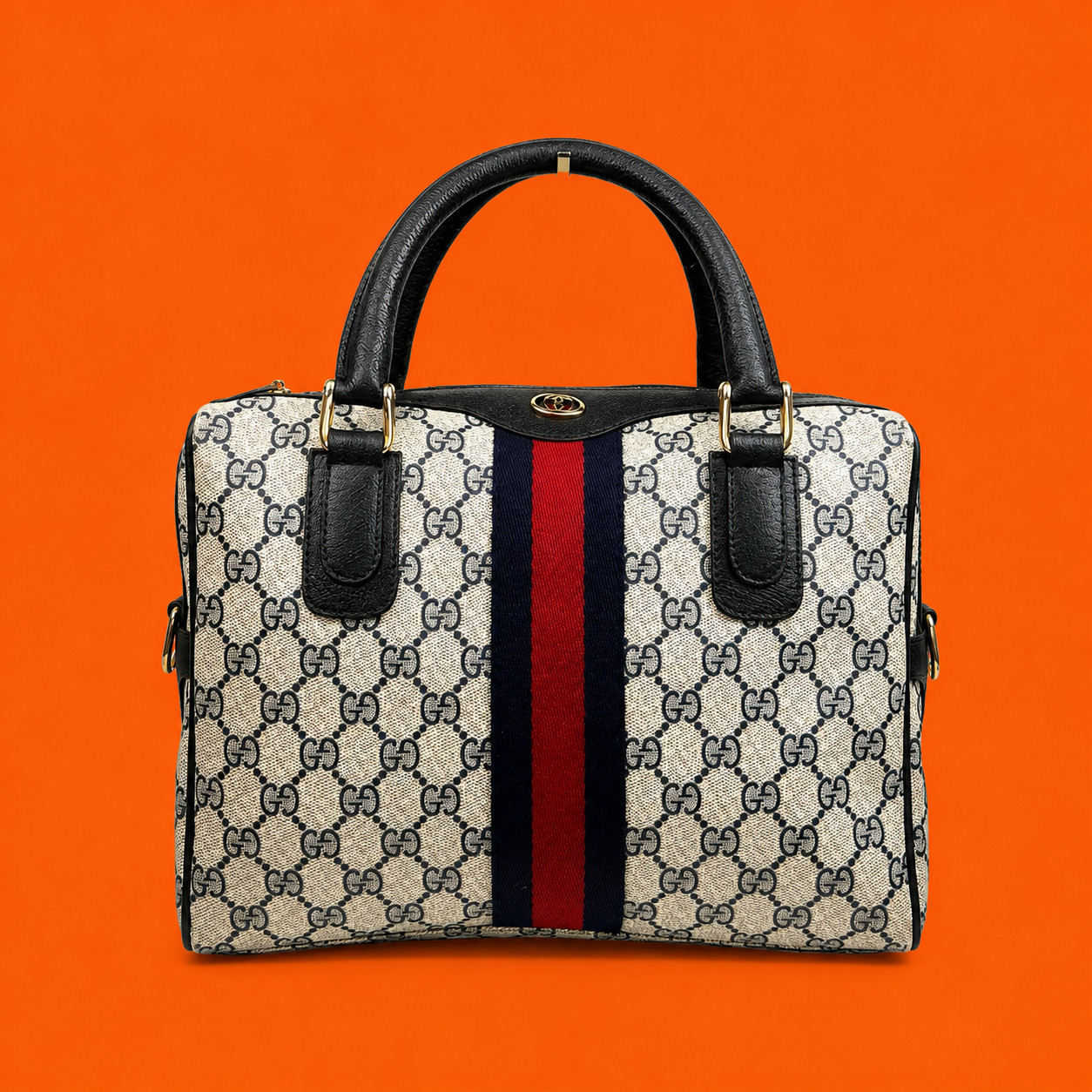 Old GUCCI Navy Sherry Line Web GG Supreme Mini Boston Handbag PVC Vintage Rare