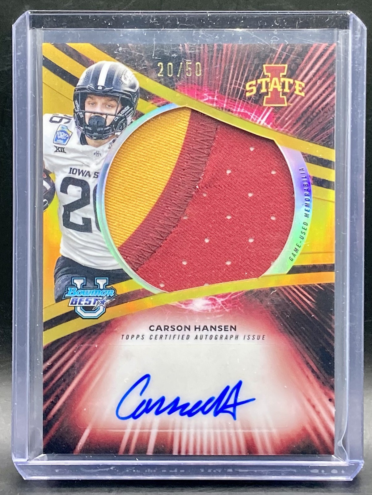 Carson Hansen 2025 Bowman U Best Gold Jumbo Game Worn Patch Auto /50