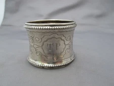 Good EUROPEAN Coin Silver ENGINE TURNED & BEADED NAPKIN RING- Mono TP