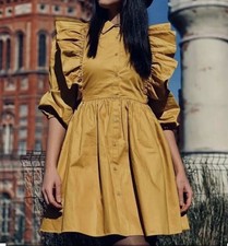Zara Yellow Ruffle Button Collared Puff Sleeve A-Line Dress Long Sleeve M