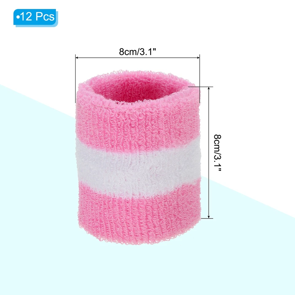 12Pcs Sports Wristbands Absorbent Sweatband Wrist Band, Pink White - Imagem 2 de 4