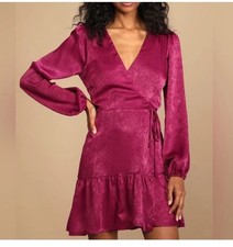 Lulus Wrap Dress Women's M Purple Satin So Splendid Magenta Ruffled Romantic