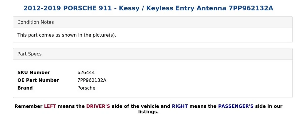 Porsche 911 2012-2019 - Kessy / antena de entrada sin llave 7PP962132A Foto 4 de 4
