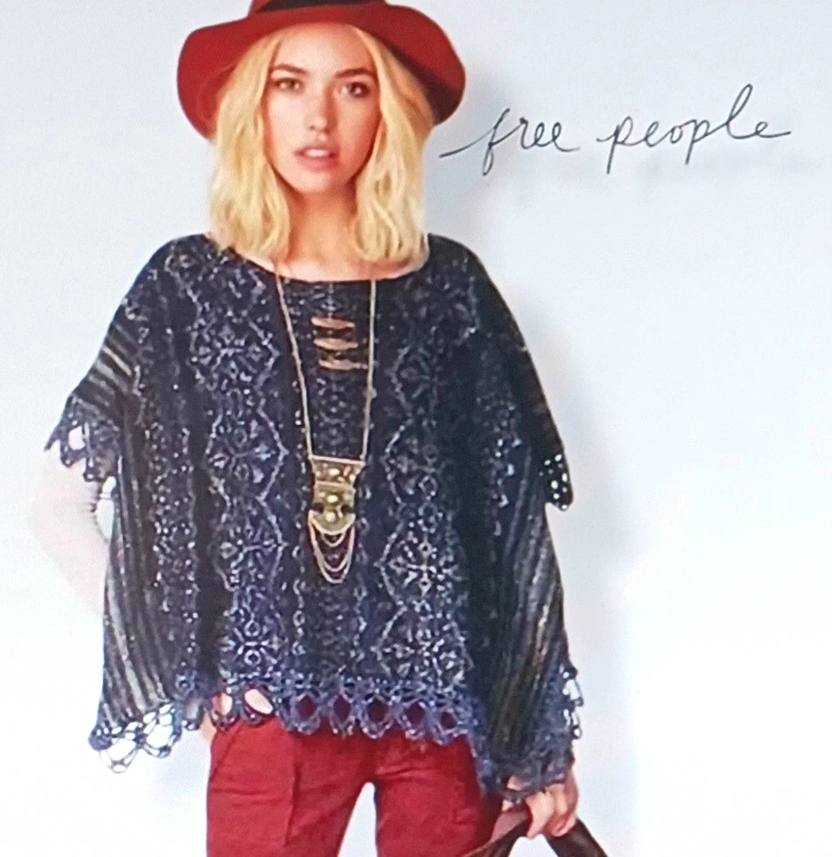 Free People Midnight Blue Knit Poncho Top Crochet Edge Wool Silk Blend Sz M