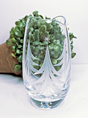 Mikasa Silent Night Christmas Tree & Stars Etched Crystal Vase 5'' Scalloped Rim