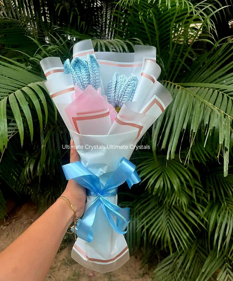 Crochet Tulip Bouquet - Handcrafted Sky Blue & White Flowers | Perfect Gift - Image 2 of 4