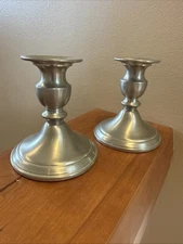 Pewter Candlestick Pair Weighted With Candles Excellent Condition