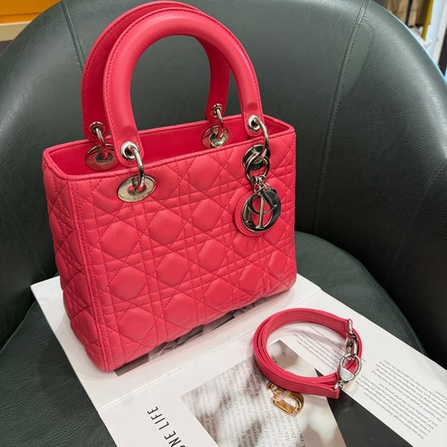 Authentic Dior Lady Dior Medium Red Leather Cannage Bag Gold Hardware