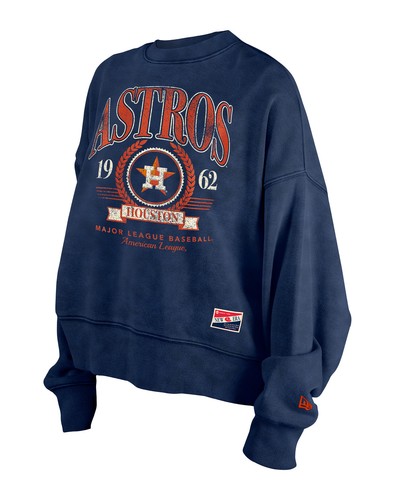 Women's-New Era Navy Houston Astros Throwback Boxy Enzyme Wash Fleece Crewneck - Picture 2 of 3