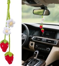 2PCS Crochet Strawberry and Flower Car Rear View Mirror Hanging Accessories