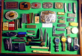 Incredible Men's Junk Drawer Lot 50 Items Lighters Knives Belt Buckles Watches