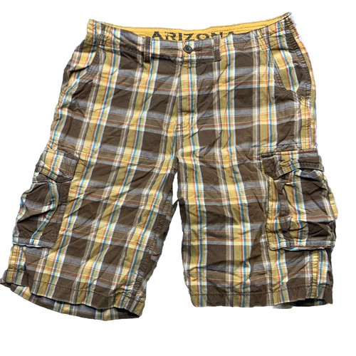 Vtg 80s Arizona Jean Co Brown CARGO Plaid Shorts Skater, Hip Hop, Retro SZ 34