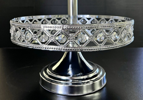 2-tiered Dessert Stand Silver Mirrored Inside Rim w/Crystals - Opulent Treasures - Picture 3 of 5
