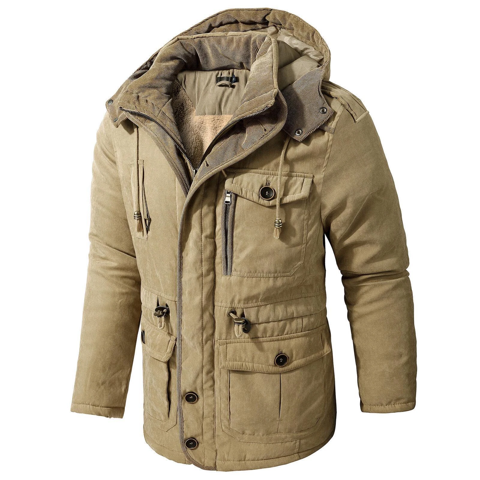 Men's Winter Parka Fleece Coat Thick Padded Hooded Outdoor Warm Casual Jacket