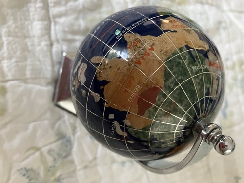 Miniature Desktop Gemstone Inlay World Globe With Stand 5.5"  H - Picture 3 of 4