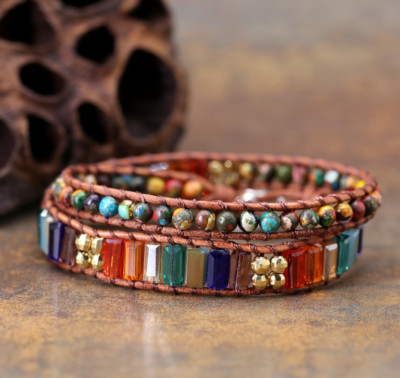 7 Chakra Yoga Double Wrap Bracelet Healing Stones Brown Leather Button Clasp E19