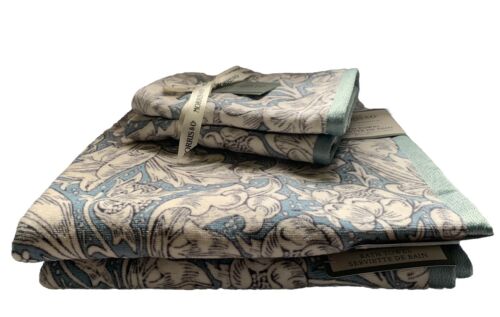 William Morris Bachelors Button Blue Floral Velour Bath/Hand Towel Set of 4- New