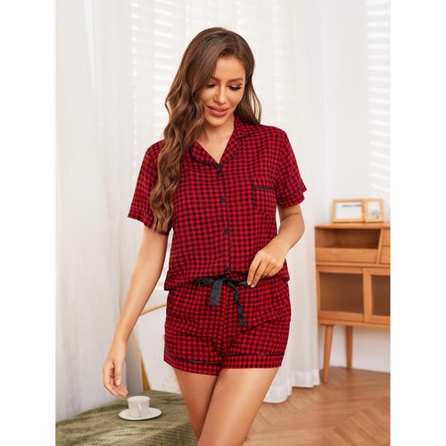 Bekleidungsset Pyjama Damen Sommer Kariert Shirt Kurzarm Shorts Home - Bild 5 von 7