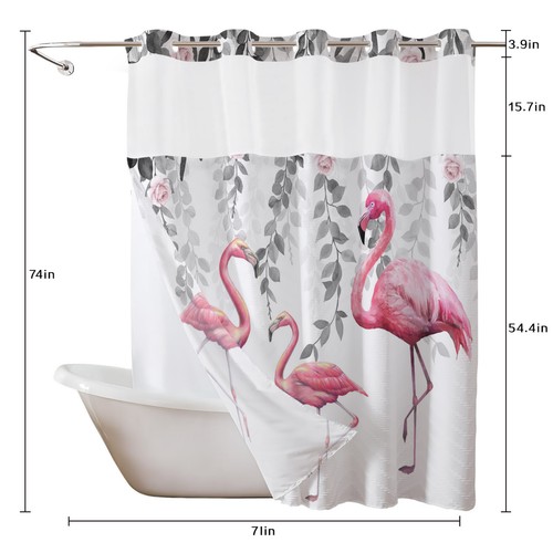 No Hook Shower Curtain with Snap in Liner Grey Leaf Pink Flamingo Shower Curtain - Picture 3 of 7
