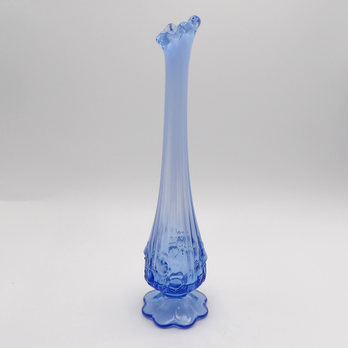 Fenton Cabbage Rose Periwinkle Blue Opalescent Swung Glass Bud Vase - Picture 3 of 9