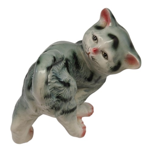 Ceramic Cat Figurine Gray Stripped Arched Back Japan READ - Picture 2 of 10