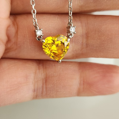3CT Heart Citrine+Zirconia Women's Pendant 14k White Gold Plated 18'' Chain