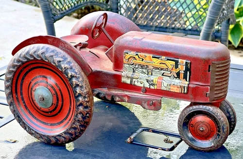 Large 10" Vintage Red Marx Tin Tractor 1940's Farm Toy Litho Agriculture Antique
