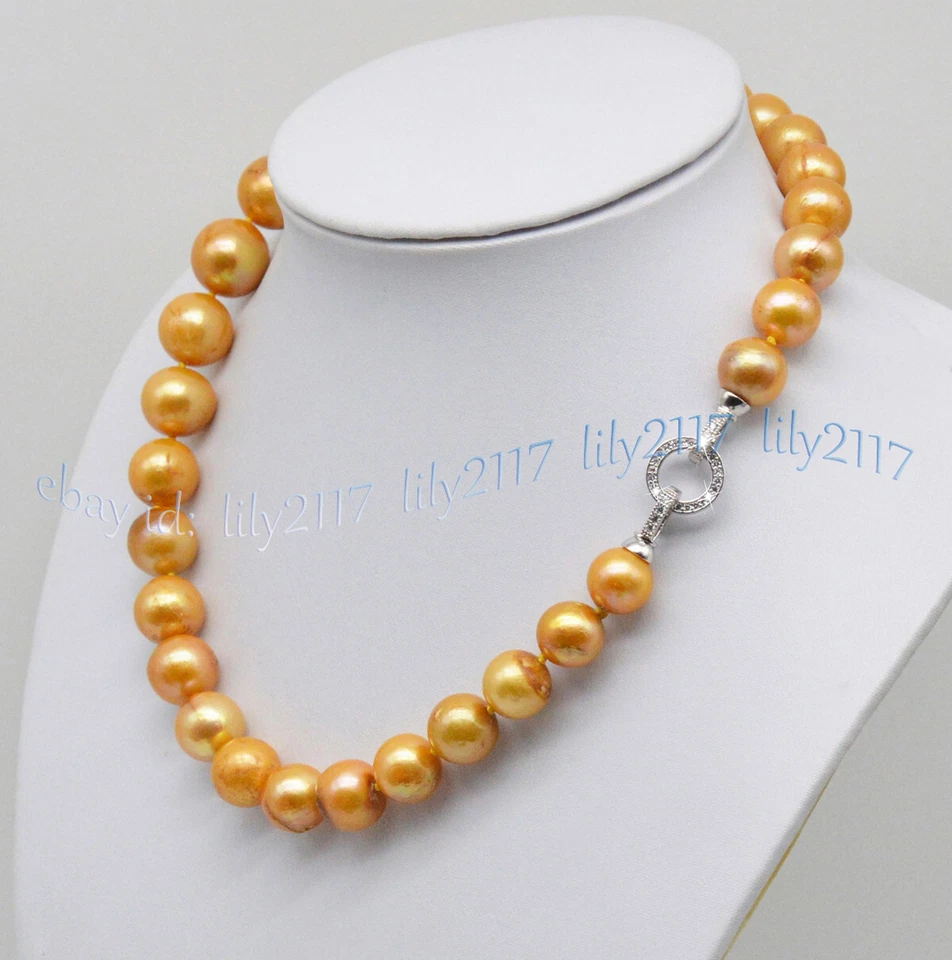 Enorme collar de perlas redondas de oro amarillo natural genuino del Mar del Sur de 12-15 mm AAA de 18"" Foto 4 de 4