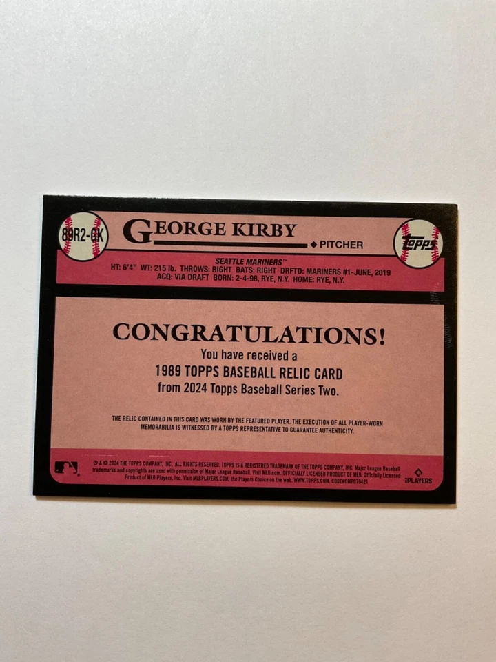 2024 Topps Series 2 - 1989 Topps Baseball Relics #89R2-GK George Kirby (MEM) - Image 2 of 2