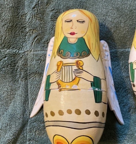 Vintage ANGEL Stacking Nesting Doll 5 TOTAL Painted Harp Attached WINGS - Picture 2 of 12