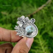Gift For Her 925 Silver Natural Larimar Multi Stone Flower Adjustable Ring
