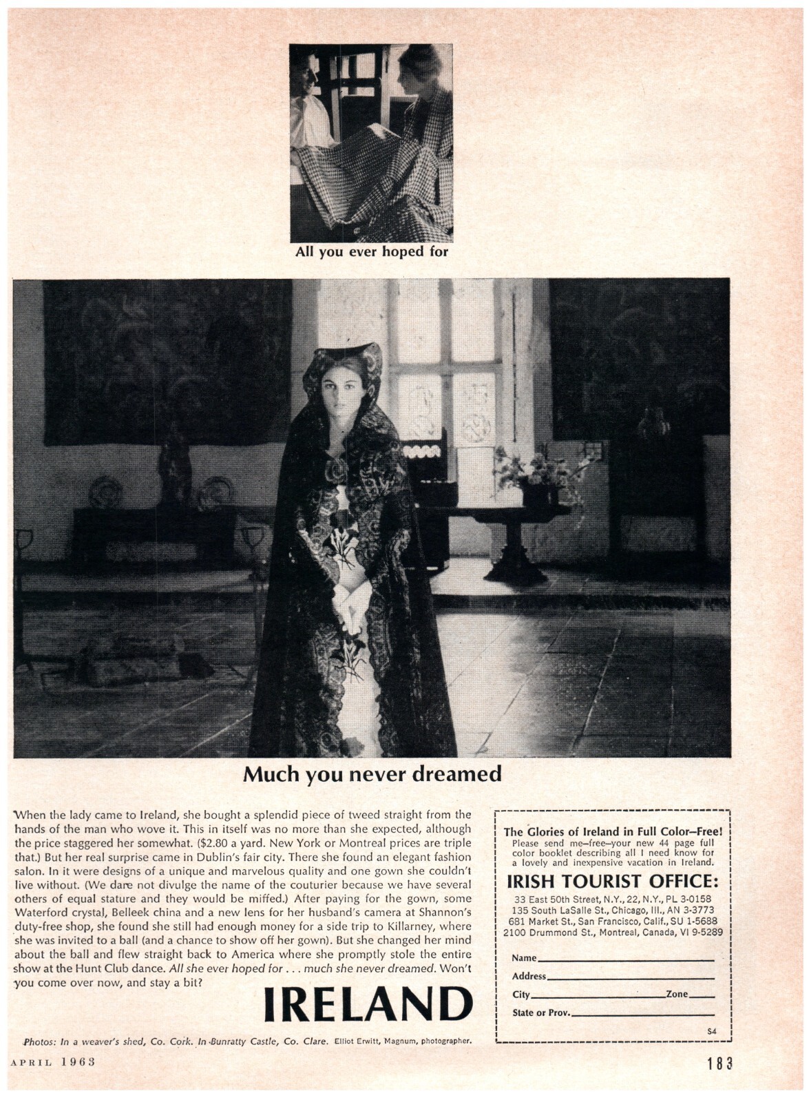 1963 Irish Tourist Office Print Ad, Ireland Bunratty Castle Clare Cork Glories