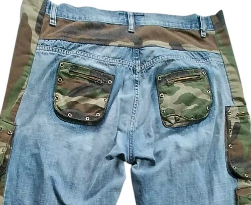 Two Tone Woman's 34x26 Denim Camo Cargo Blue Green Rivetted Distressed Pants - Picture 4 of 21