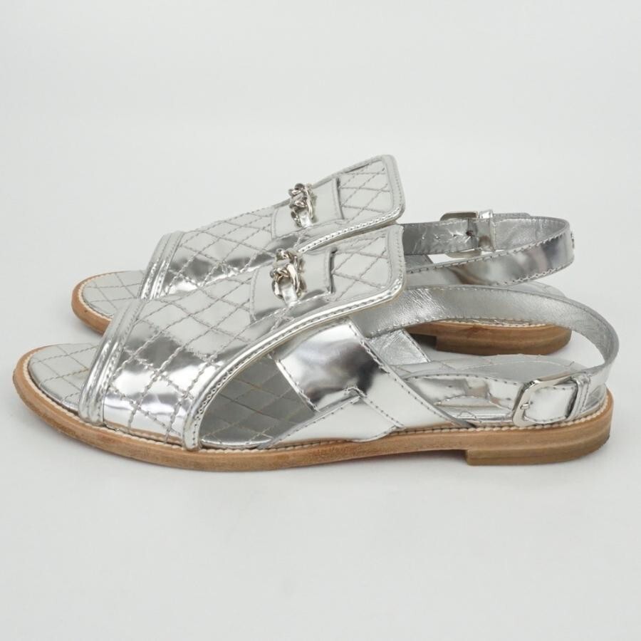 CHANEL 14P G29766 Sandals EU37.5 US6.5 CC Silver Leather