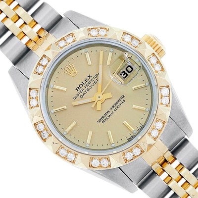 Rolex Ladies Quickset Datejust 18K 2 Tone Champagne Dial Diamond Bezel Watch 26