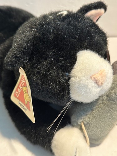 Dakin schwarz/weiß Plüschpuppe Kätzchen Katze mit Maus Stofftier mit Etikett lesen - Bild 2 von 15