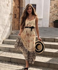 VESTIDO MIDI BEIGE MANDARINA H&M Boho Gitano Verano Beige Floral Solero Au 8 S