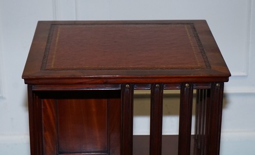 STUNNING REVIVAL INLAID REVOLVING BOOKCASE END TABLE WITH BROWN AGED LEATHER TOP - Picture 12 of 23