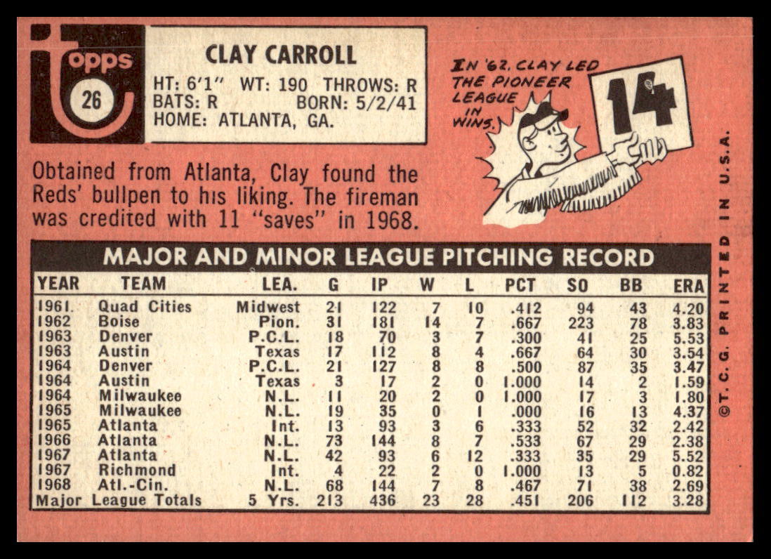 1969 Topps #26 Clay Carroll Cincinnati Reds NR-MINT | eBay