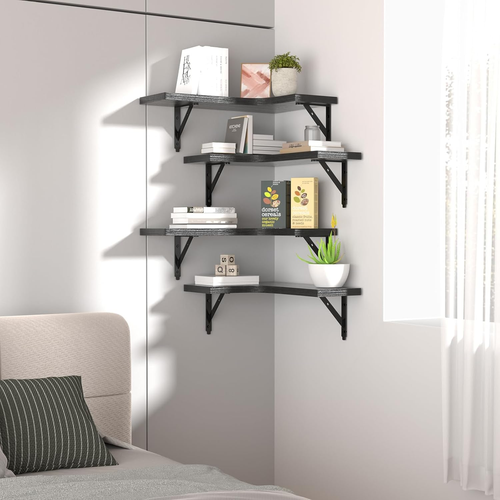 Corner Floating Shelves Wall Mounted Set of 4, Rustic Wood Storage Display Wall - Picture 7 of 19