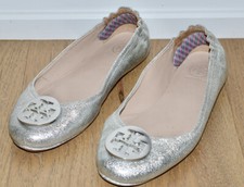 Tory Burch Minnie Travel Metallic Silver Leather Ballet Flat Women's Size 8