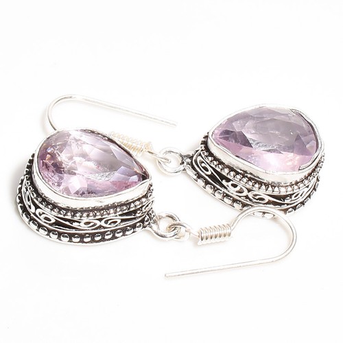 Pink Morganite Gemstone Handmade 925 Sterling Silver Jewelry Pear Earring 1.50" - Picture 3 of 3
