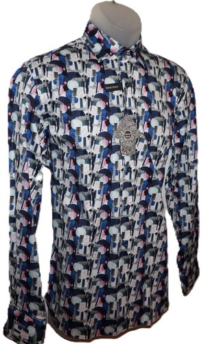 Camisa Visconti Manga Larga Pequeña Elastizada Azul Blanco Abstracta Multicolor Nueva con Etiquetas - Imagen 2 de 7
