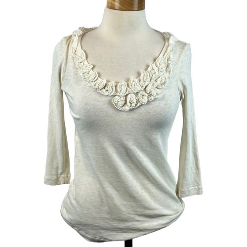 J.CREW Women's Cream Ivory Ruffled Round Neck 3/4 Sleeve Blouse Size Small